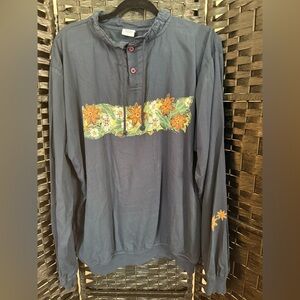 Crazy Shirts navy blue Hawaiian Henley with side pockets. Size Large.